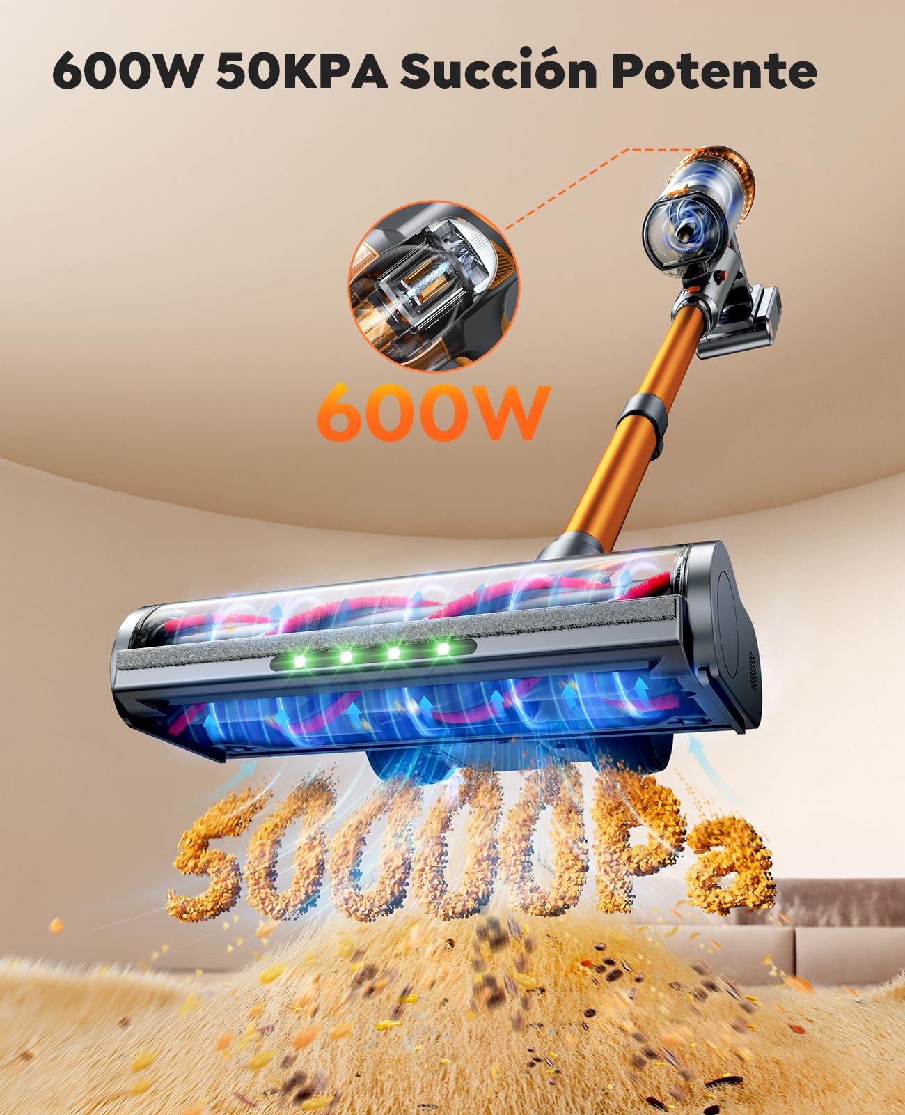 Zyvac Kabelloser Staubsauger 600W 50kPa – 65 Min Eco-Laufzeit, 1 m Flexschlauch, Anti-Verhedderungs-Bürste mit LED-Licht, Wandladung, Ideal für Haustiere & Auto