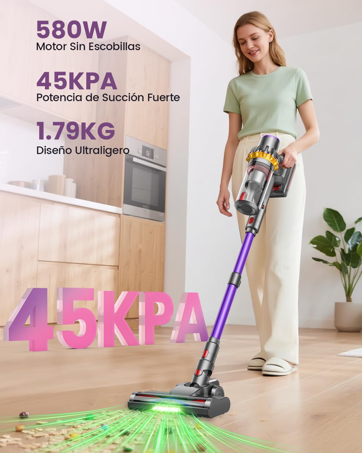Zyvac Kabelloser Staubsauger 580W 45kPa – 70 Min Laufzeit, 1,8L Staubbehälter, Anti-Verhedderungs-Bürste, Touchdisplay, Wandladung, 6-in-1, Ideal für Haustiere