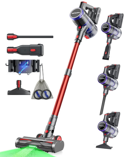 Zyvac Kabelloser Staubsauger 550W 48000Pa – 70 Min Laufzeit, 1,6L Staubbehälter, 8-Stufen-Filtersystem, Anti-Verhedderung, Akku Staubsauger Rot